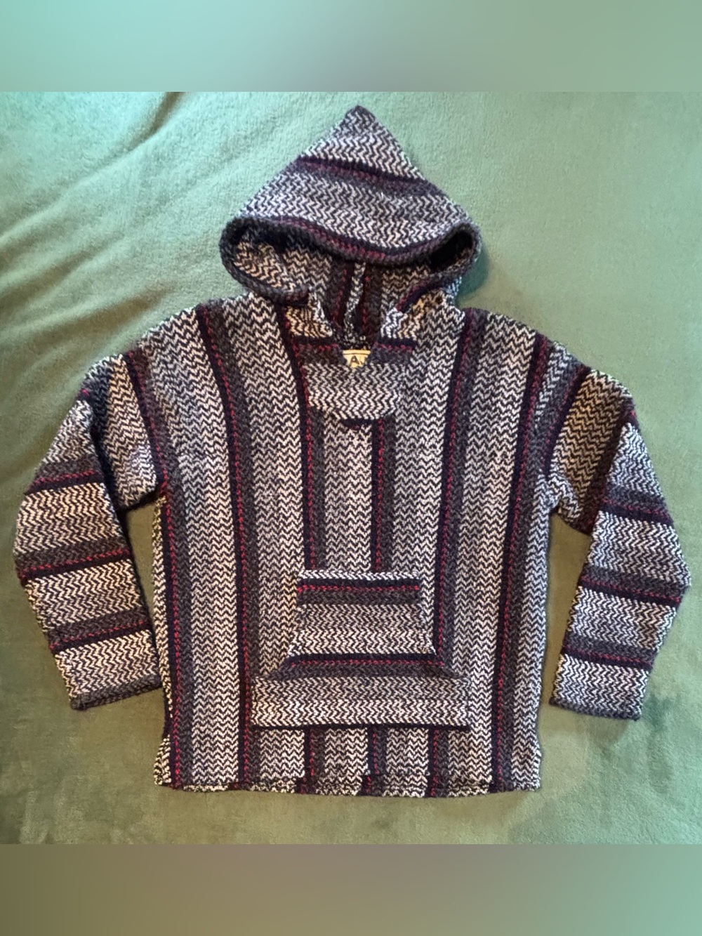 Baja Joe Striped Hooded Baja Sweater - Black, Gray & Red, Size: S (6575)